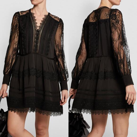 Self-Portrait Dresses & Skirts - Self-Portrait Black Crochet-Trimmed Crepe De Chine And Lace Mini Dress